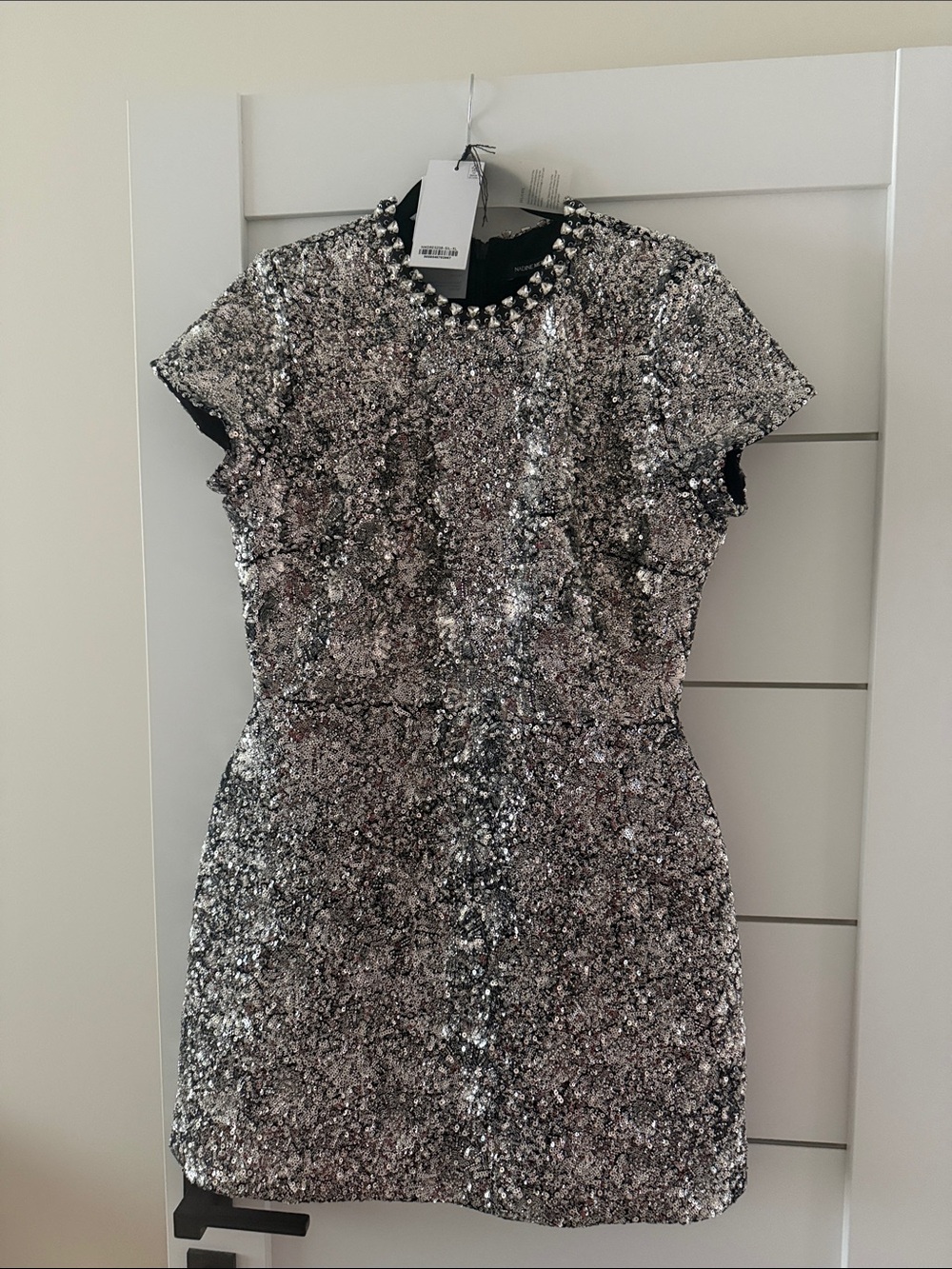 NADINE MERABI ERIN Silver Sequin Embellished Party Dress